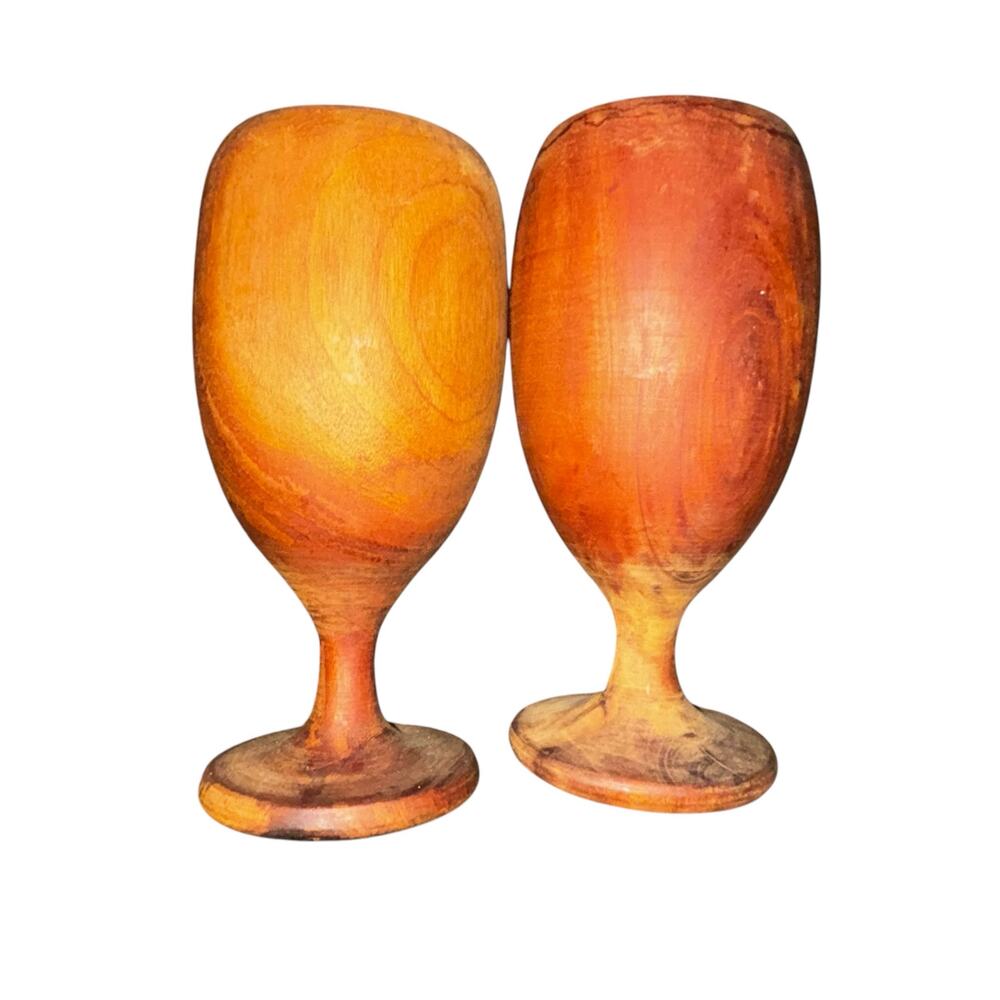 Pair Wooden Wine Goblets Mid Century Modern Turned From a Single Piece of Wood